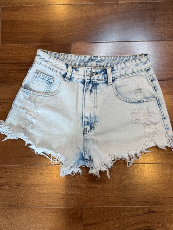 Shein Pants - SHEIN Hi-Rise Light Blue Acid-Wash Distressed Denim Shorts
